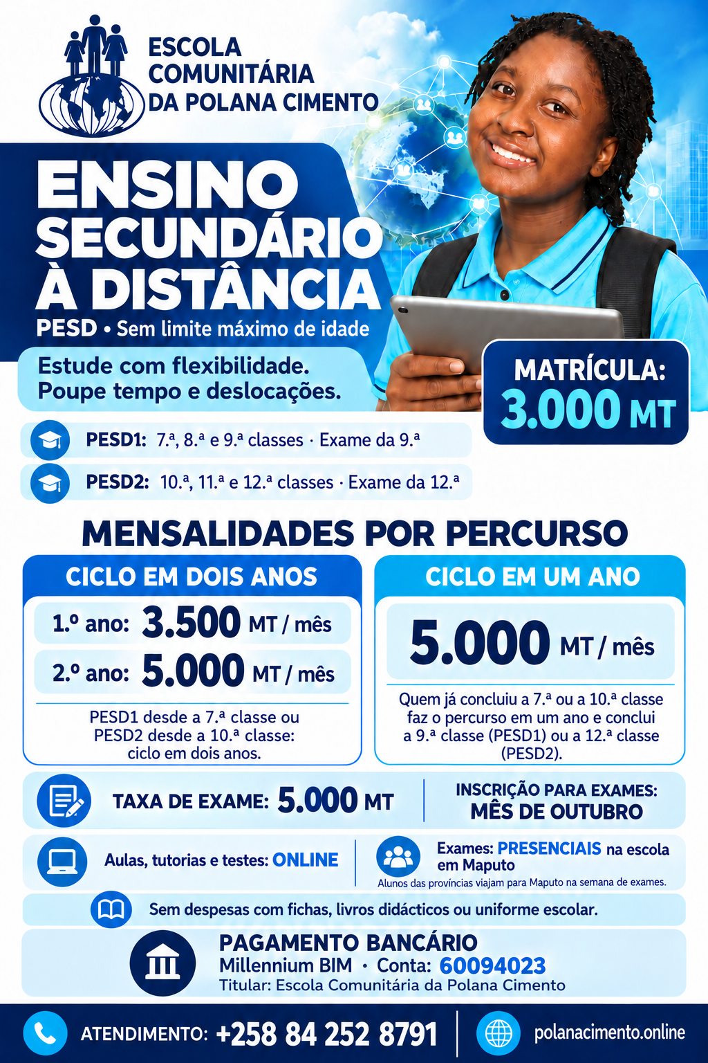 Flyer do ensino secundário à distância da Polana Cimento, com os ciclos PESD, matrícula, mensalidades por percurso e pagamento bancário.